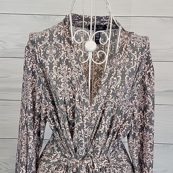 Rene Rofe robe midi length sleepwear damask print in grey & pink Women's Size M - Picture 2 of 12